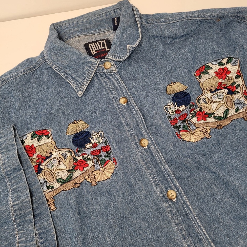 Quizz Denim Shirt Women 24 Blue Embroidered Teddy Bear Tea Short Sleeve